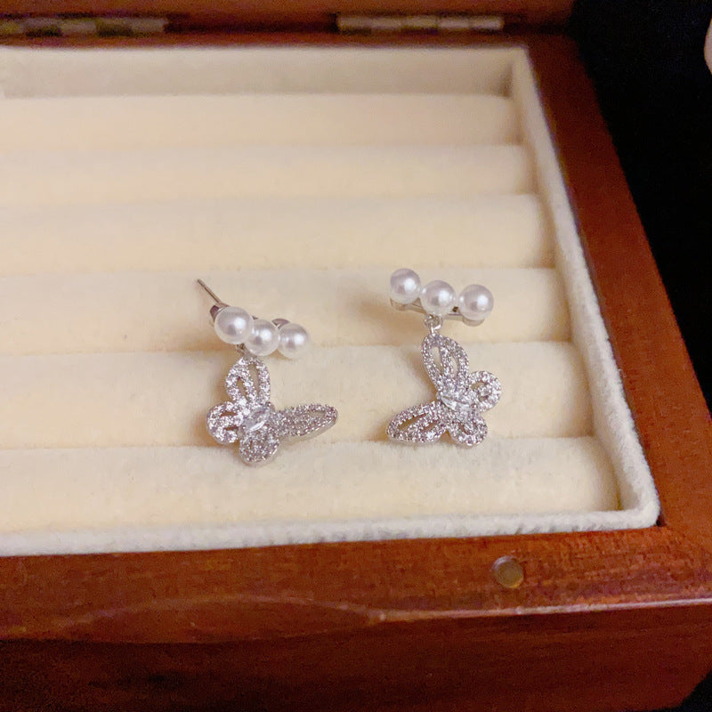 Silver Posts Elegant Pearl Butterfly Drop Earrings – Elegant Design