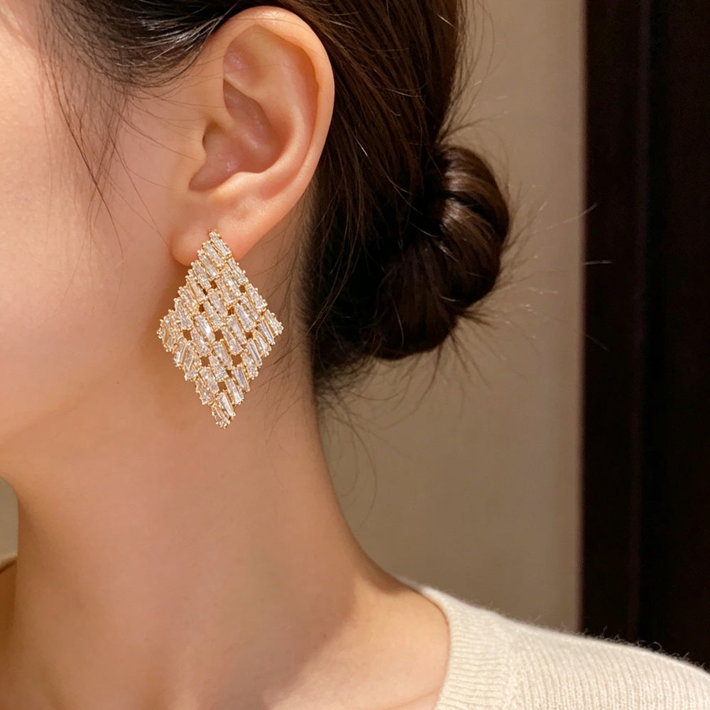 Eaioncol Full CZ Rhombus Stud Earrings Gold Silver