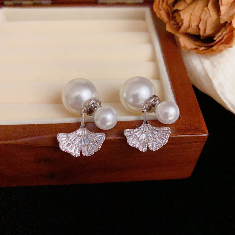 Luxury Pearl & Full-Zircon Leaf Two-Way Drop Earrings – Floral Design