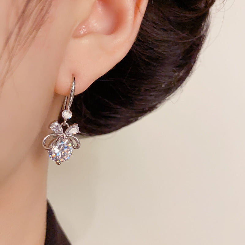 Luxury Zircon Bow Ear Hook Earrings – Silver Needle Elegant Design
