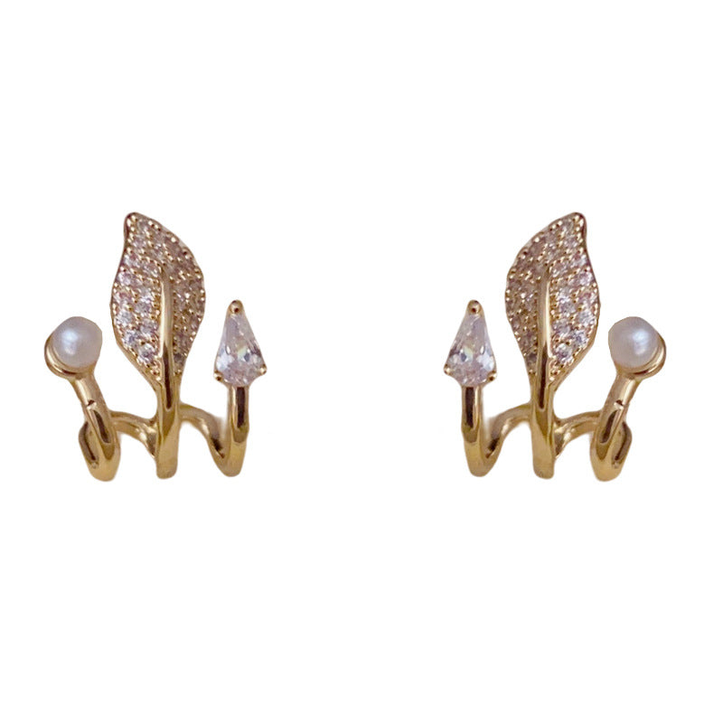 14K Gold-Plated Zircon Leaf Pearl Earrings – Elegant Minimalist Design