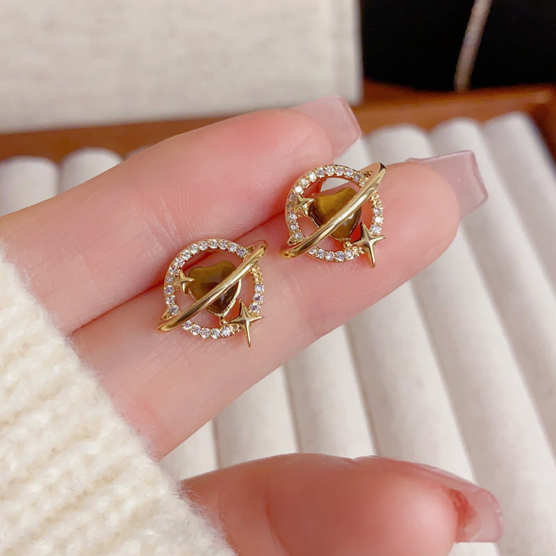 Elegant-tigers-eye-heart-planet-stud-earrings-minimalist-design