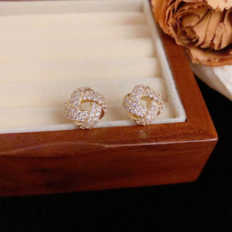 Luxury Full-Zircon Winding Round Stud Gold Earrings – Geometric Design