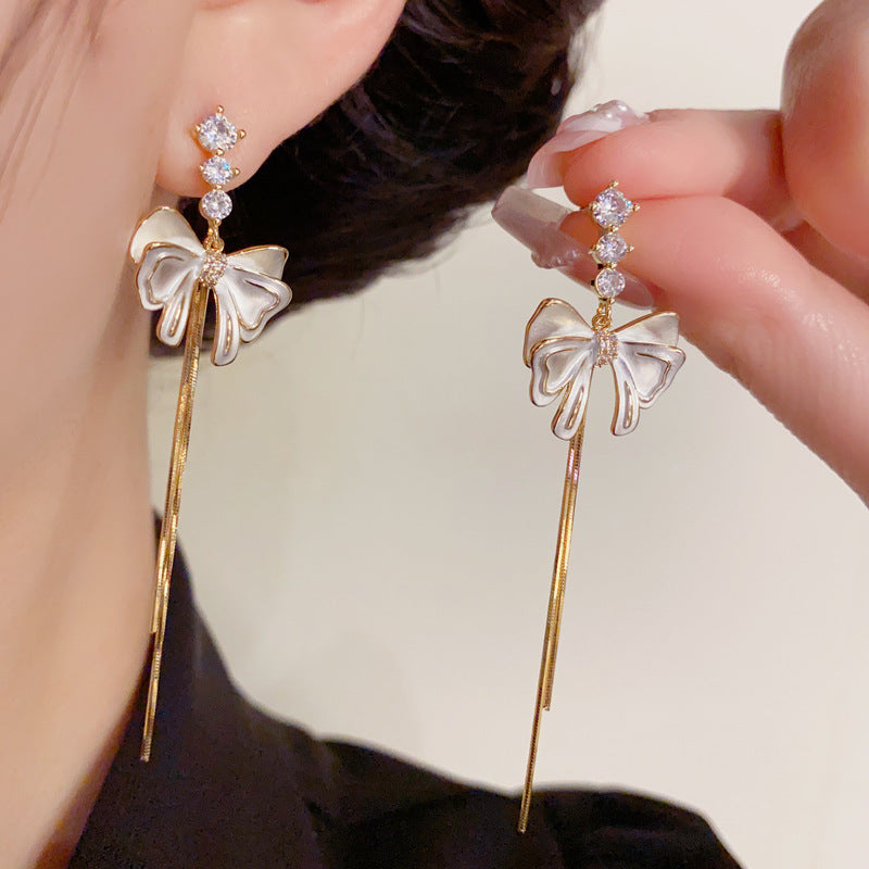 14K Gold-Plated White Bow Long Tassel Earrings–Elegant Feminine Design