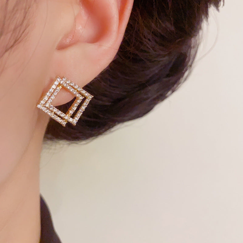 Zircon Double-Layer Diamond-Shaped Stud Earrings – Geometric Design
