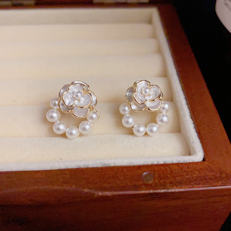 14K Gold Enamel Flower Pearl Stud Earrings – Elegant Minimalist Design