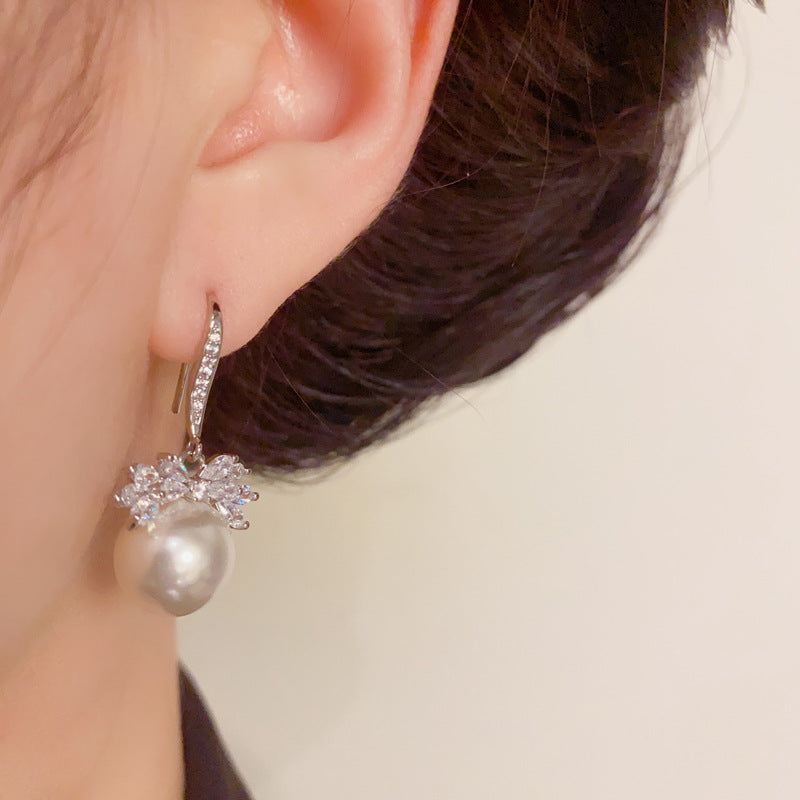 Zircon Leaf & Pearl Ear Hook Earrings – Silver Needle Floral Design
