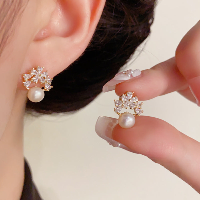 Luxury Zircon Petal & Freshwater Pearl Stud Earrings – Elegant Design