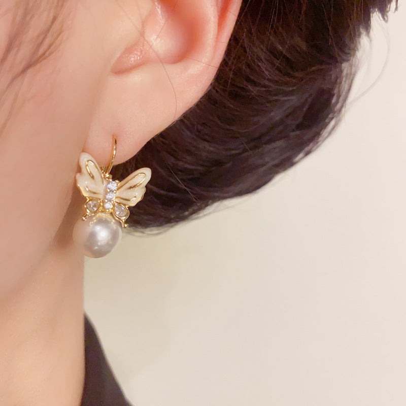 14K Gold Elegant Butterfly & Pearl Earrings – S925 Silver Needle