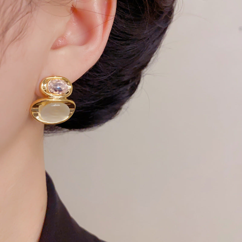 Eaioncol Metal Cat Eye Oval Stud Earrings Gold Silver