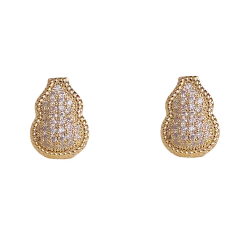 14K Gold-Plated Luxury Full-Zircon Gourd Stud Earrings – Floral Design