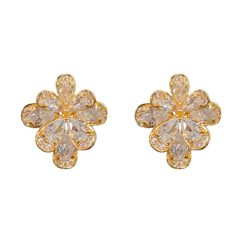14K Gold Full Zircon Flower Earrings - Chic Elegance Design