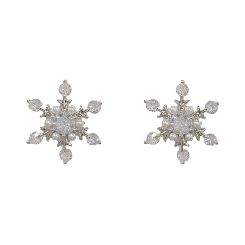 Elegant Full-Zircon Pearl Snowflake Stud Earrings – Sparkle Design