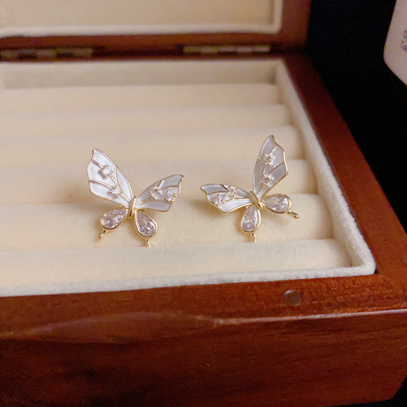 14K Gold Enamel Butterfly Earrings with Rhinestones – Elegant Design