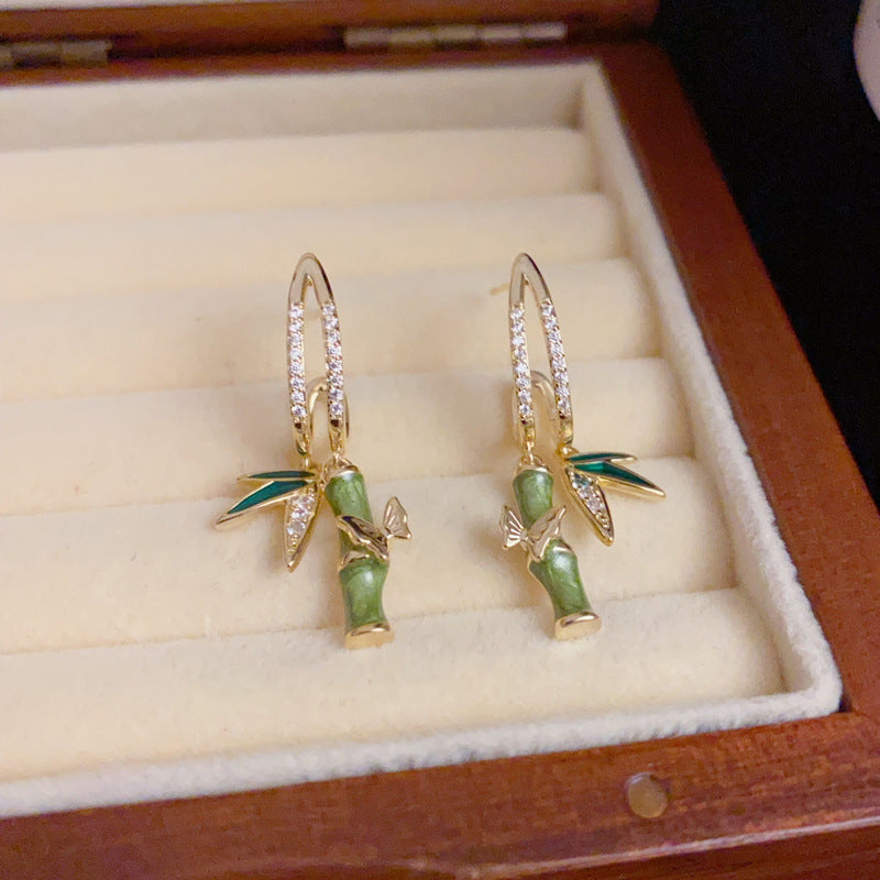 14K Gold-Plated Zircon Bamboo Drop Earrings – Elegant Oriental Design