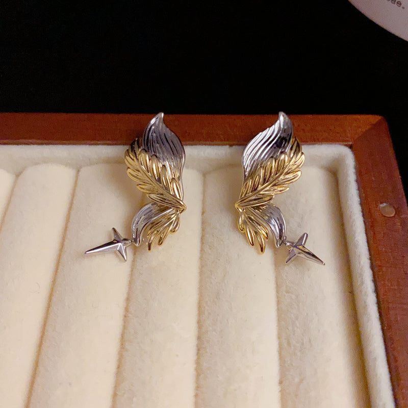 14K Gold-Plated Two-Tone Wing Drop Earrings - Unique Minimalist Design