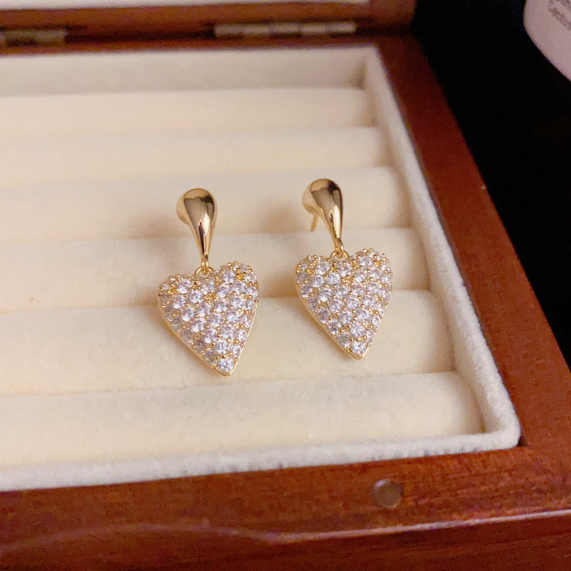 14K Gold-Plated Full Zircon Heart Earring - Elegant Chic Design
