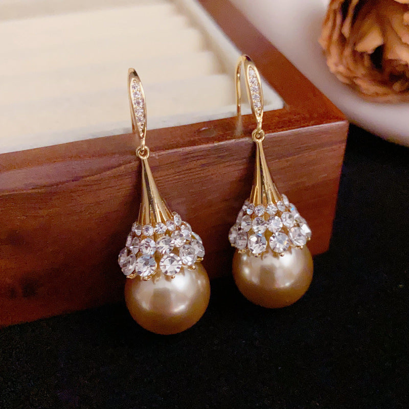 Luxury Full-Zircon Coffee Pearl Ear Hook Earrings – S925 Silver Needle