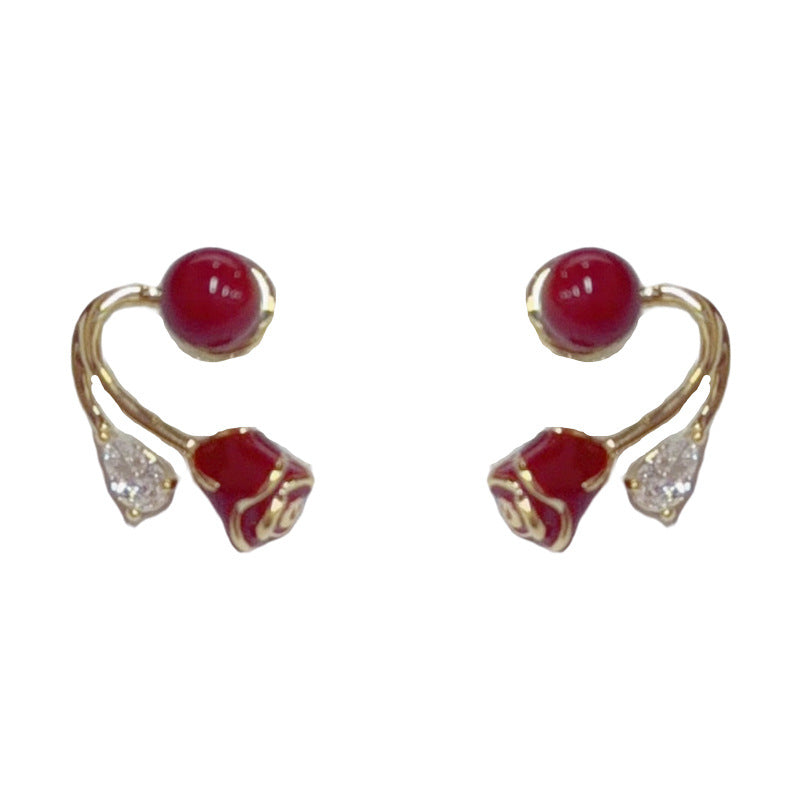 Elegant Red Rose Two-Way Stud Earrings – Floral Design