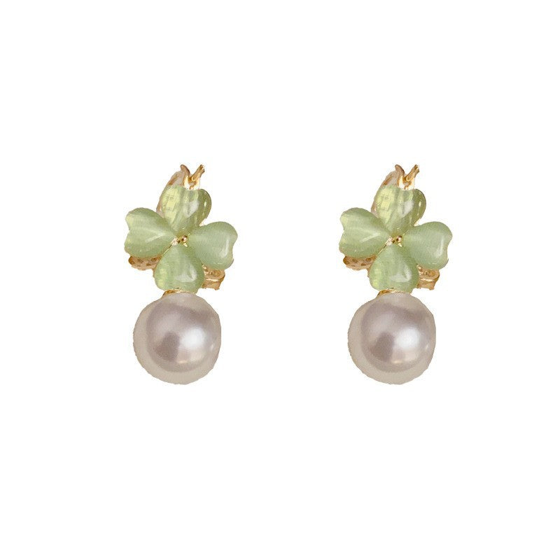Luxury Double-Sided Four-Leaf Flower & Pearl Earrings – Elegant Design