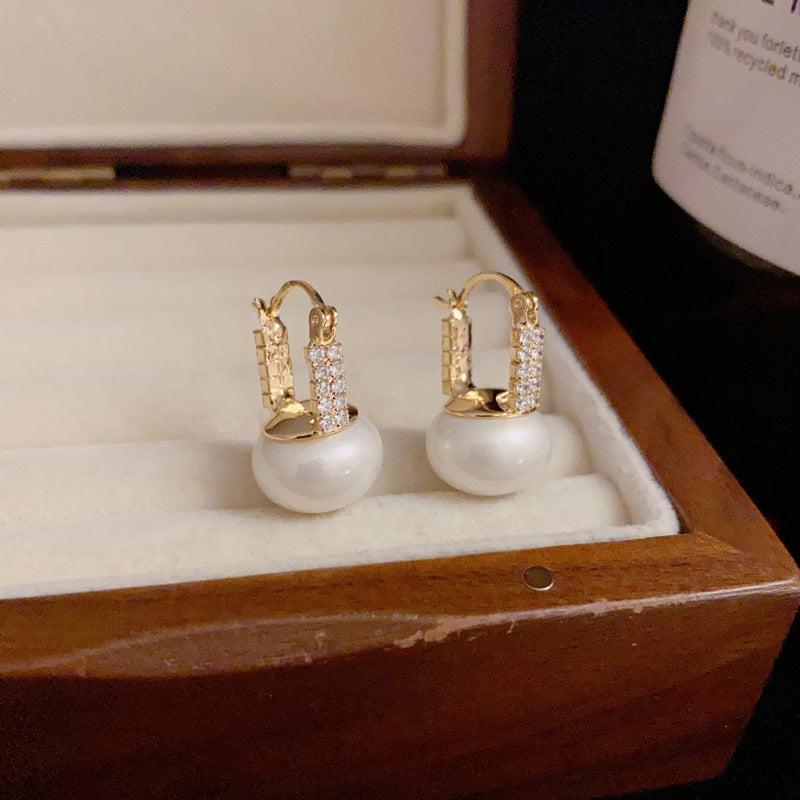 14K Gold Full Zircon Square Pearl Earrings - Chic Elegance Design