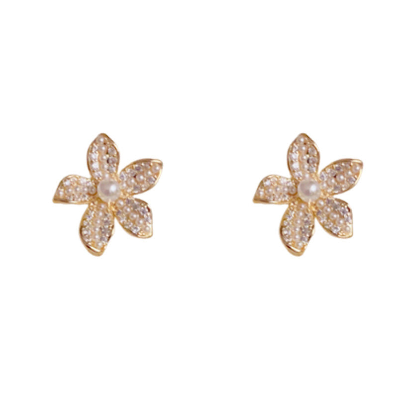 Elegant Zircon & Pearl Flower Stud Earrings – Floral Design