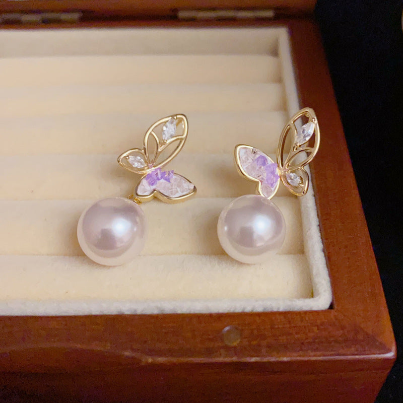 14K Gold-Plated Hollow Butterfly Pearl Drop Earrings – Elegant Design