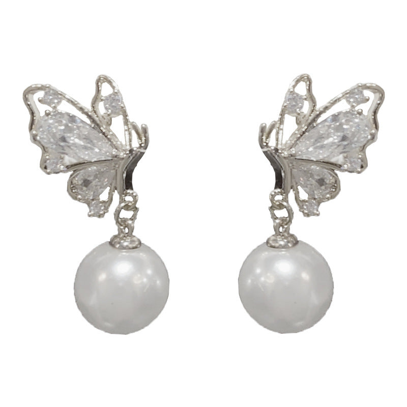 14K Gold Zircon Butterfly Pearl Drop Earrings - Chic Elegance Design