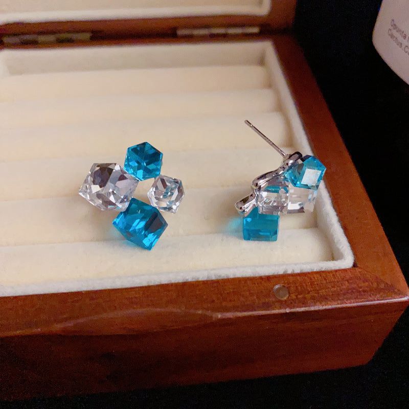 S925 Luxury Sea Salt Blue Crystal Cube Earrings – Elegant Design