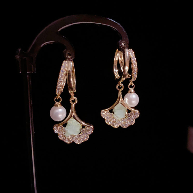 14K Gold-Plated Green Ginkgo Leaf Zircon Earrings – Elegant Design