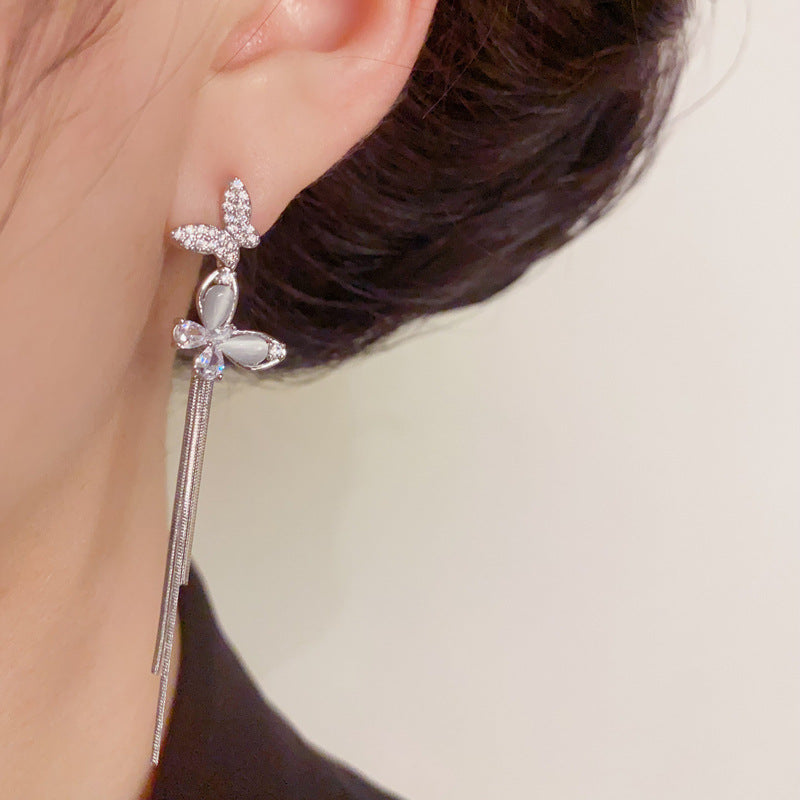 Luxury Butterfly Long Tassel Drop Earrings – Silver Needle Design