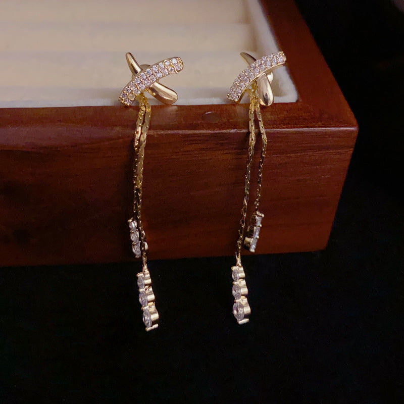14K Gold-Plated Zircon Cross Dual-Wear Tassel Earrings –Elegant Design
