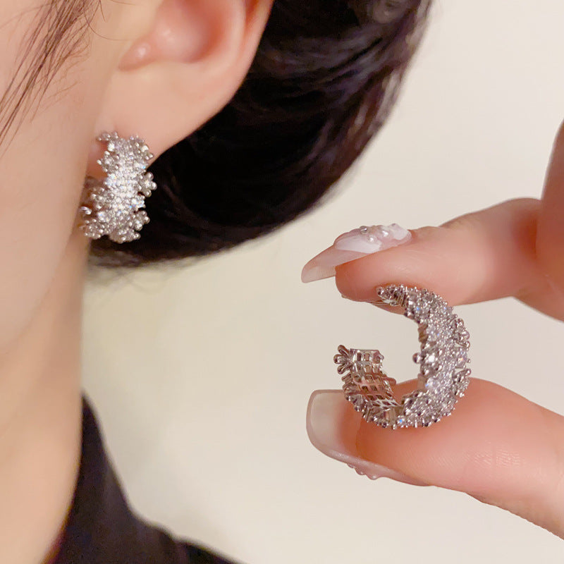 14K Gold Full Rhinestone C-Hoop Earrings – Sparkling Minimalist Style