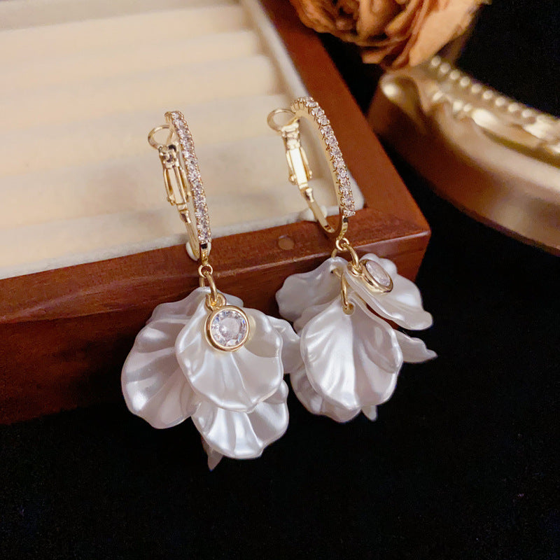 14K Gold Luxury Zircon White Petal Tassel Drop Earrings–Elegant Design
