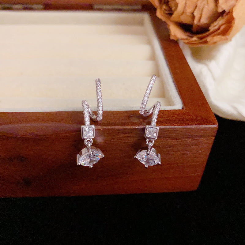 Elegant Zircon Geometric Ring Drop Earrings – Silver Needle Design