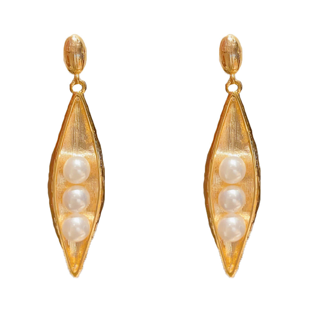 Eaioncol Pea Pod Pearl Drop Earrings 18K Gold Plated