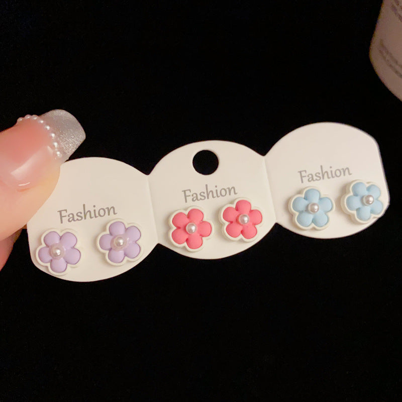 Colorful Flower Set & Pearl Flower Stud Earring - Sweet Chic Design