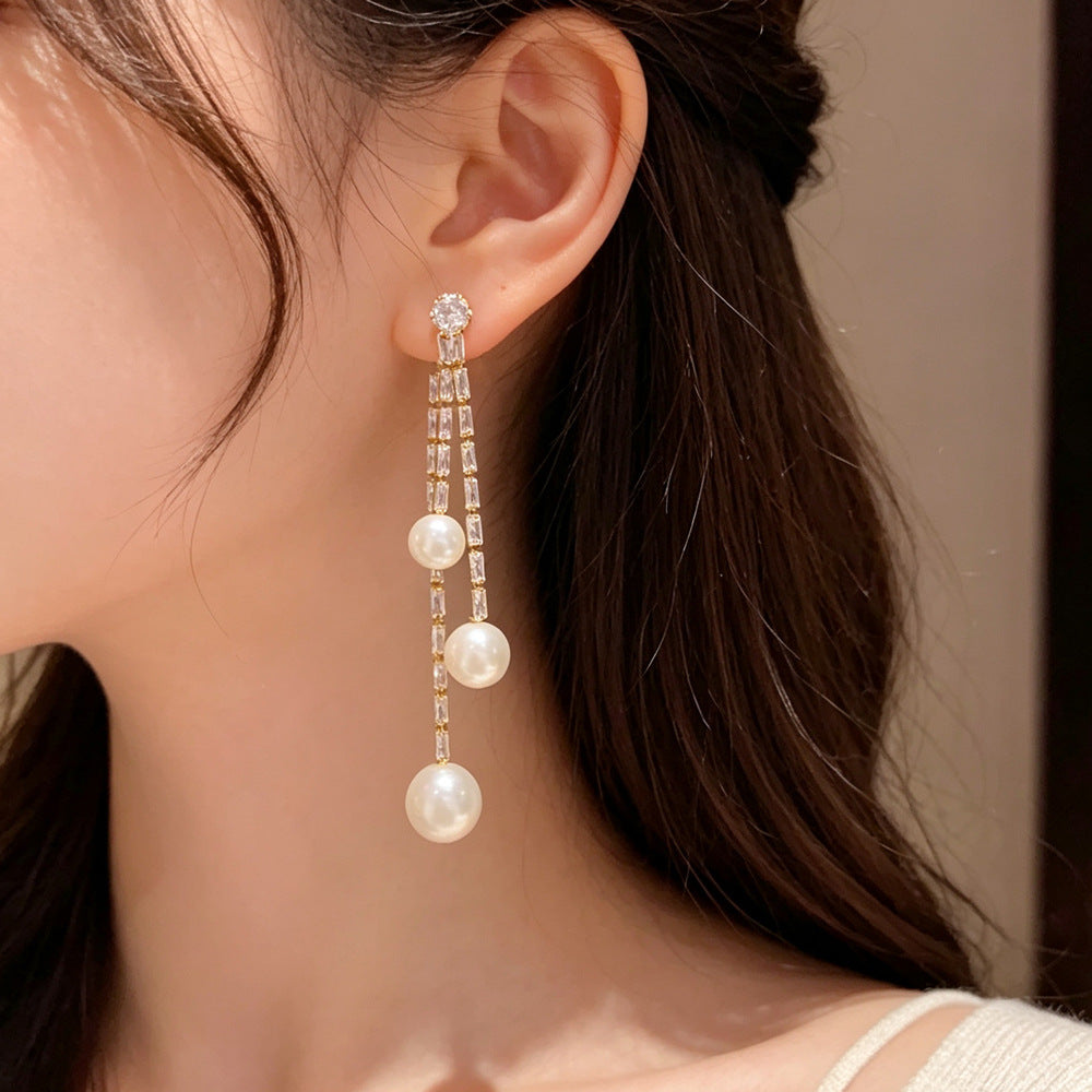 Eaioncol Layered Pearl CZ Tassel Drop Earrings Gold