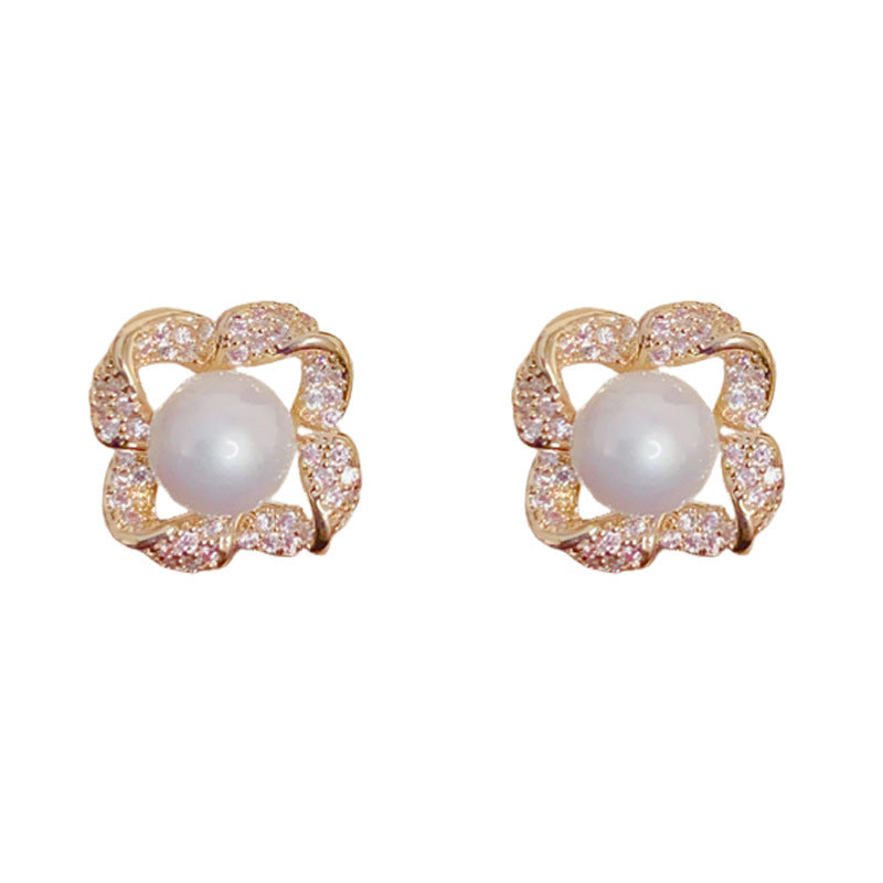 Eaioncol Petal Zircon Pearl Stud Earrings Gold