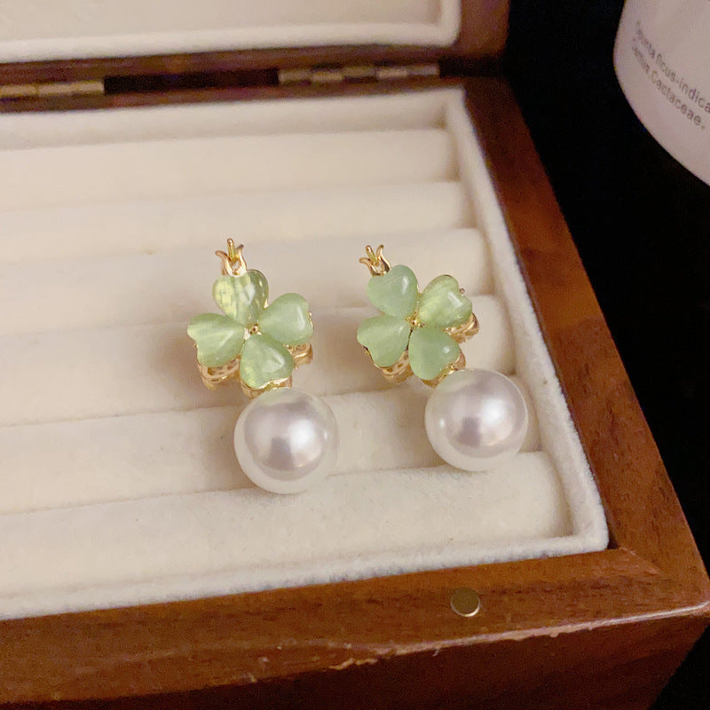 Luxury Double-Sided Four-Leaf Flower & Pearl Earrings – Elegant Design