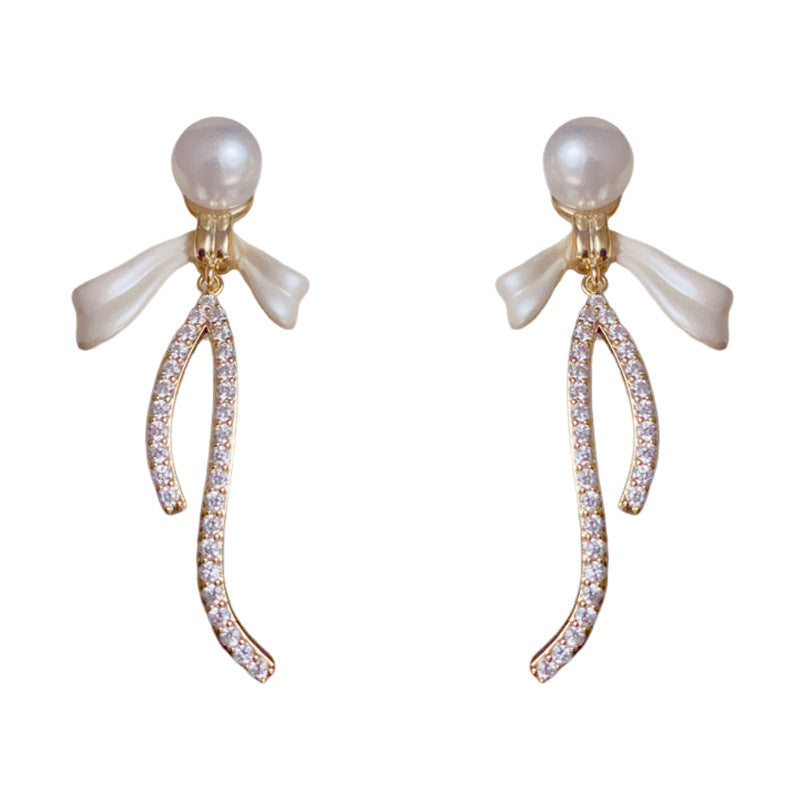 14K Gold-Plated Pearl Bow Drop Earrings – Elegant Feminine Style