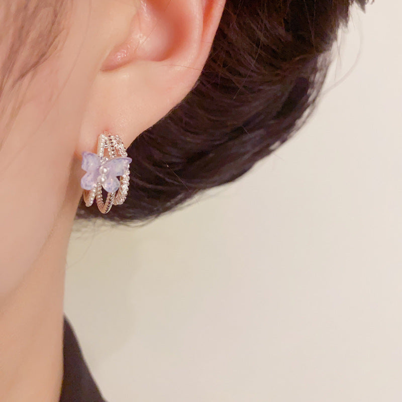 14K Gold Zircon & Pearl Purple Butterfly Hoop Earrings– Elegant Design