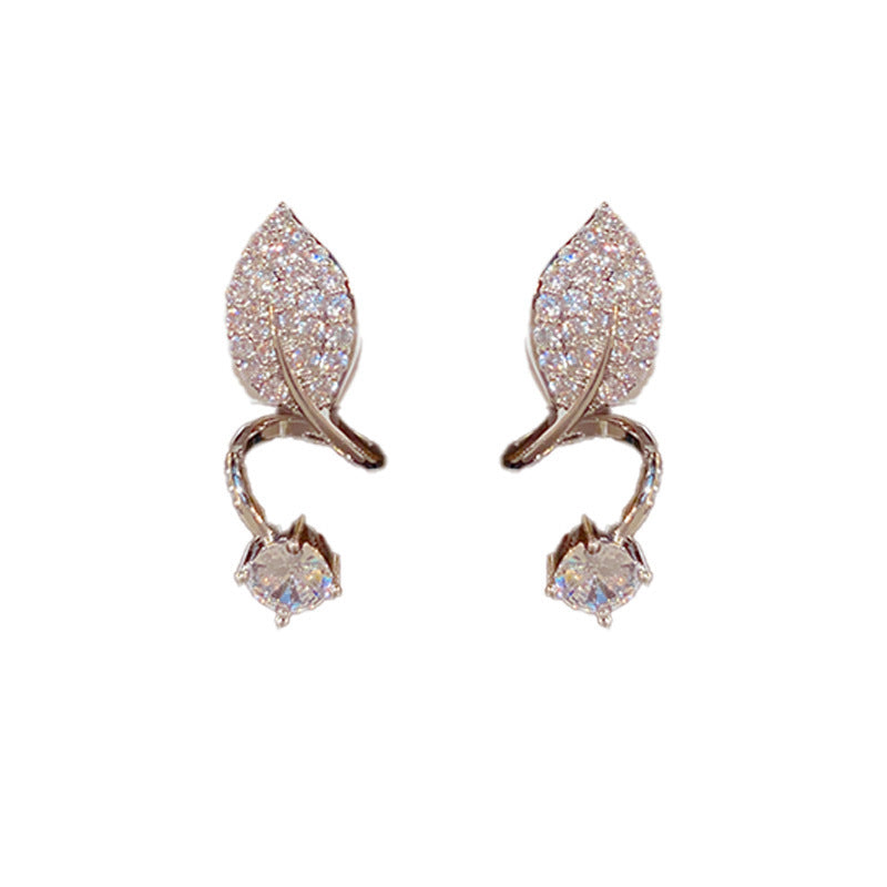 14K Gold Zircon Leaf Stud Earrings - Chic Elegance Design