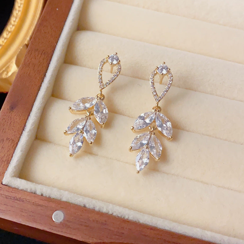 Elegant Zircon Leaf Tassel Drop Earrings – French Botanical Design