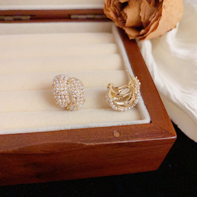 Luxury Geometric Zircon & Pearl Stud Earrings – Elegant Design