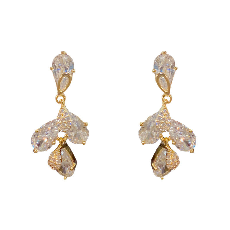 14K Gold Luxury Zircon Leaf Tassel Drop Earrings – Elegant Design