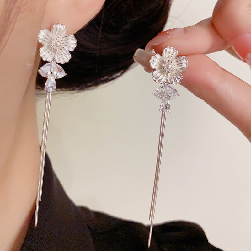 14K Gold Floral Crystal Tassel Drop Earrings – Elegant Slim Design