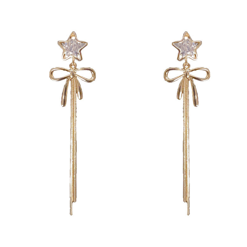 14K Gold-Plated Star Bow Long Tassel Earrings - Chic Elegance Design