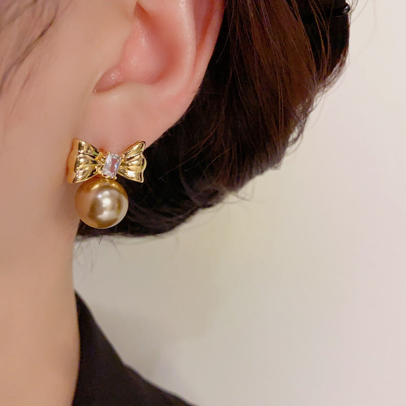 14K Gold-Plated Metal Bowknot Pearl Stud Earrings - Elegant Design