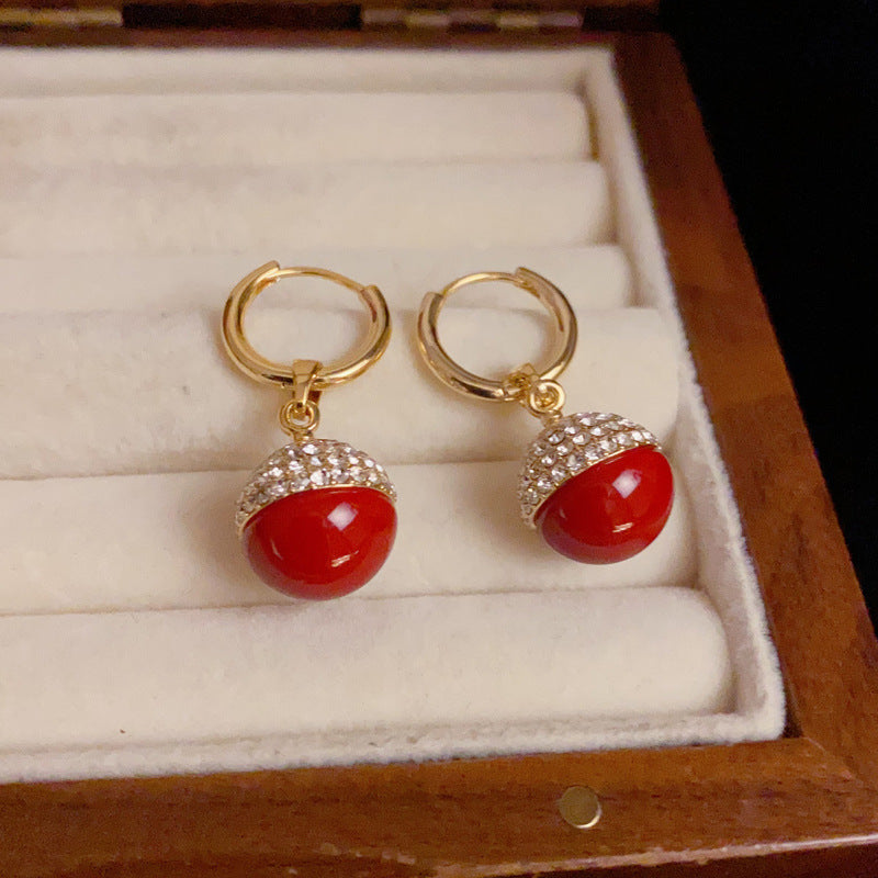Elegant Full-Zircon Red Sphere Drop Earrings - Geometric Design